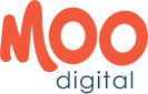 MOO Digital logo. Orange MOO text above digital on a gray background.